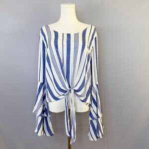 Altar'd State Blue and White NauticalStriped Blouse With Beautiful Bell Sleeves